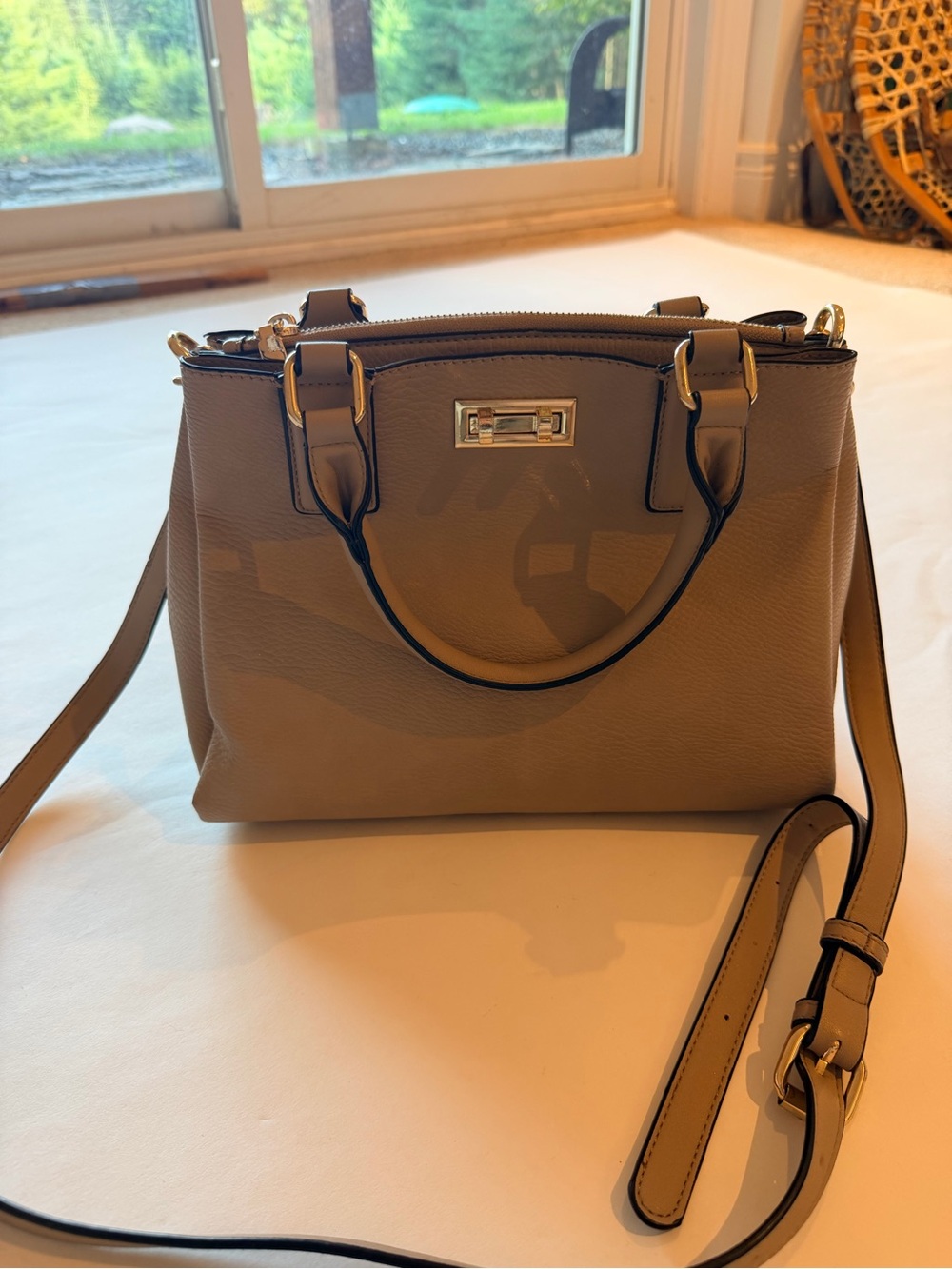 Poppy & Peonies Taupe Pebbled Satchel Crossbody Bag Gold Hardware